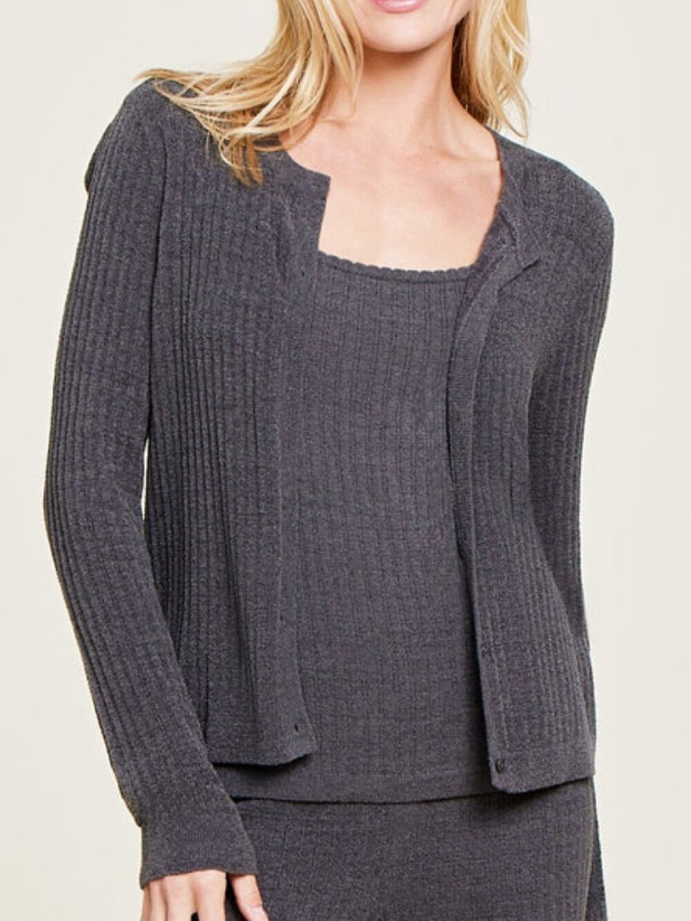 NWT Barefoot Dreams CozyChic Ultra Lite Ribbed Button Cardigan Sweater - Carbon